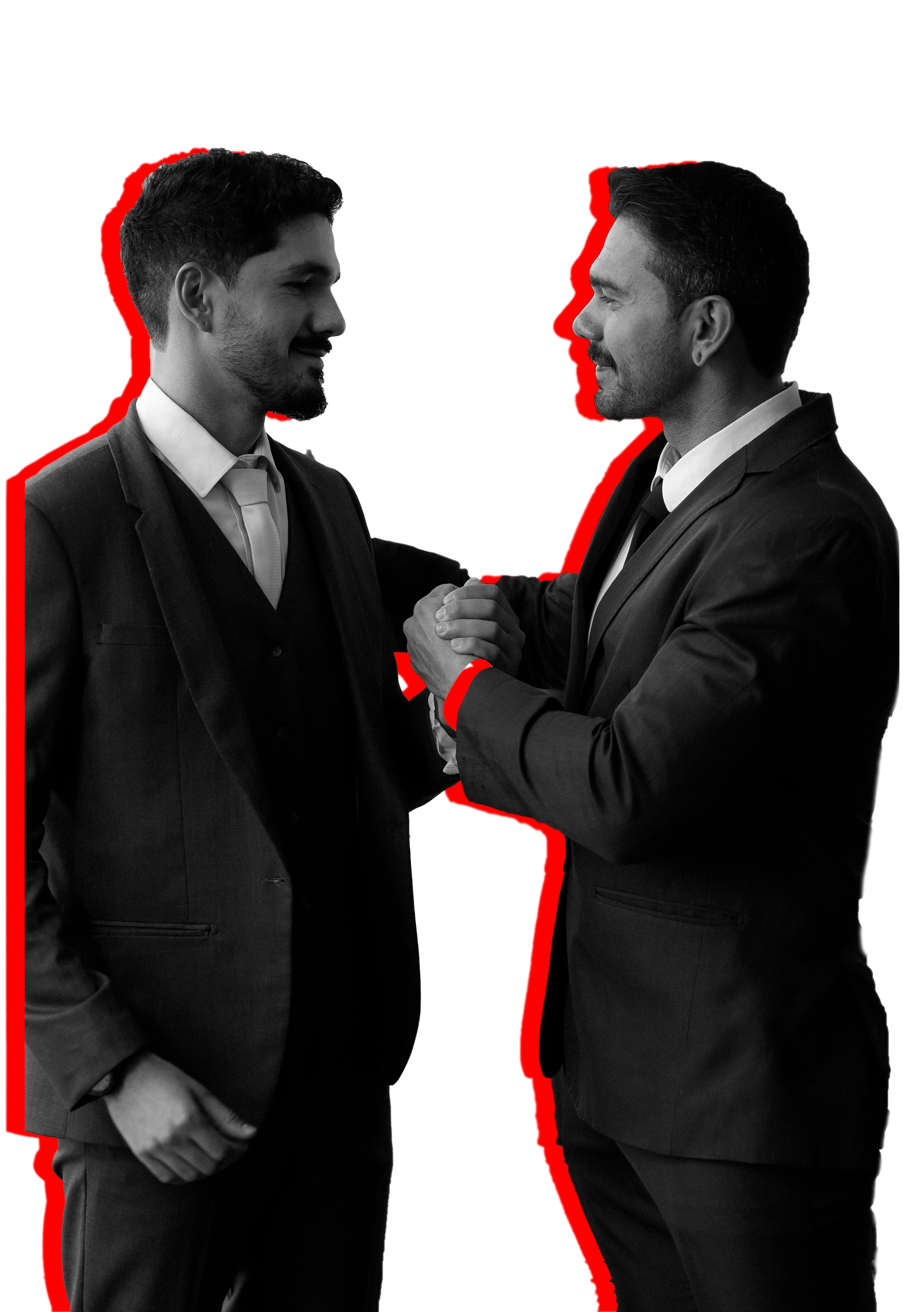 Alberico e Lucas, fundadores da Angular Esquadrias cumprimentando com aperto de mão.